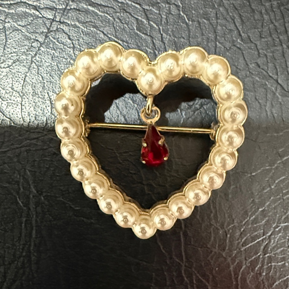 Gold Heart Pearl Brooch with Red Gemstone- valentines 💌
